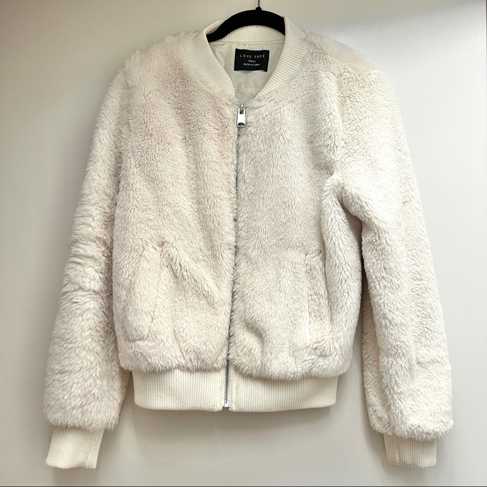 Ivory Faux Fur Bomber Jacket Coat
